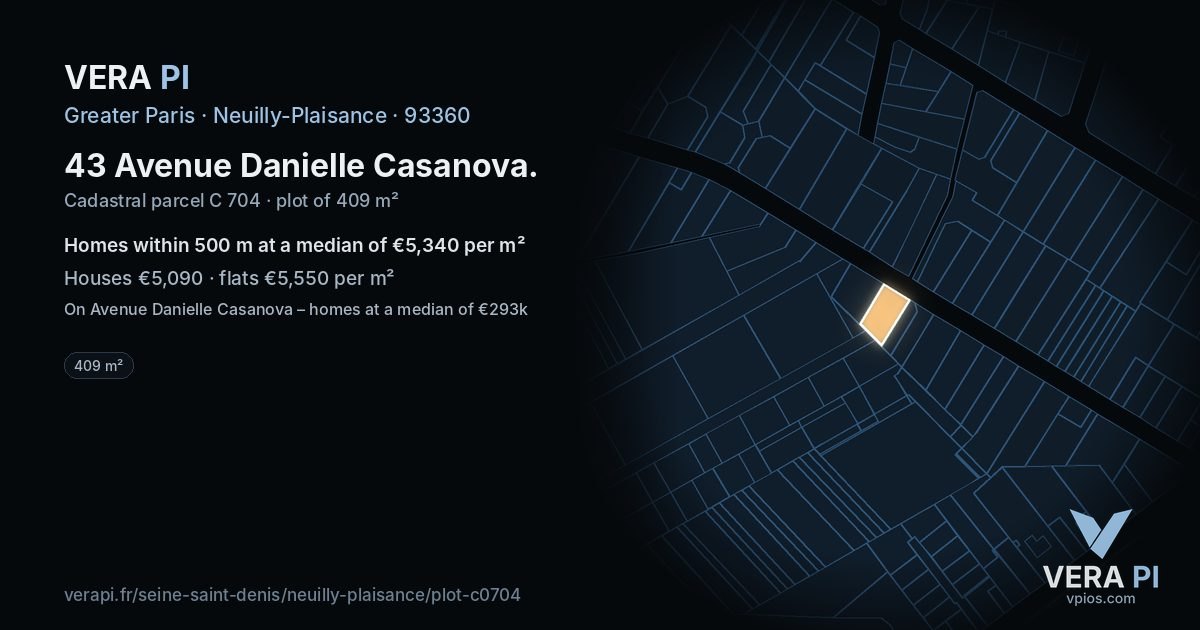 43 Avenue Danielle Casanova, Neuilly-Plaisance at night – the plot lit, the parcels around coloured by the prices near them