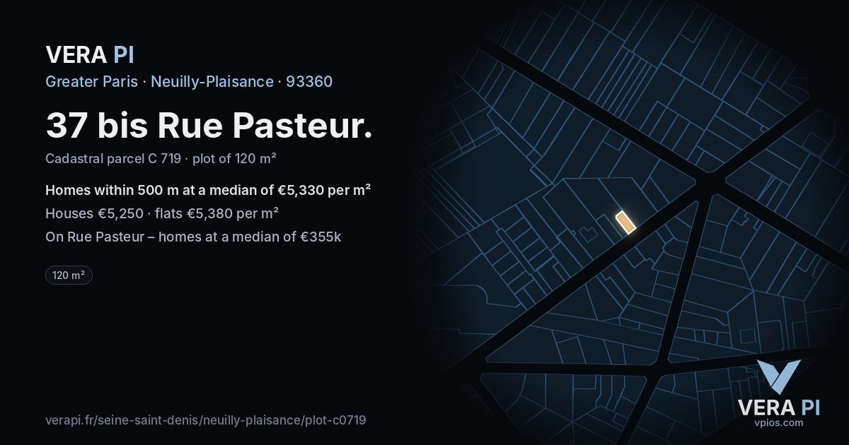 37 bis Rue Pasteur, Neuilly-Plaisance at night – the plot lit, the parcels around coloured by the prices near them