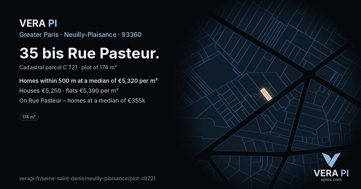 35 bis Rue Pasteur, Neuilly-Plaisance at night – the plot lit, the parcels around coloured by the prices near them