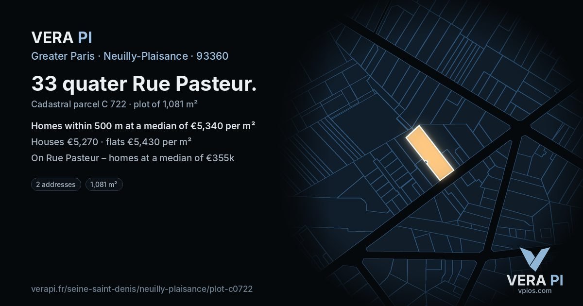 33 quater Rue Pasteur, Neuilly-Plaisance at night – the plot lit, the parcels around coloured by the prices near them