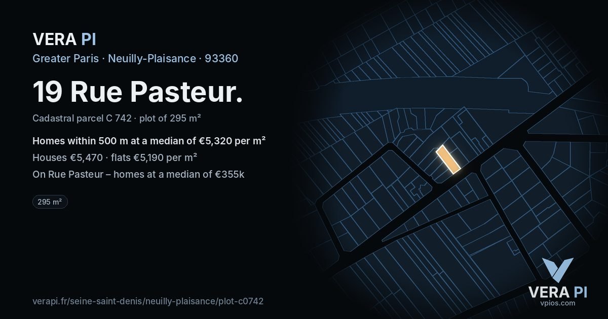 19 Rue Pasteur, Neuilly-Plaisance at night – the plot lit, the parcels around coloured by the prices near them