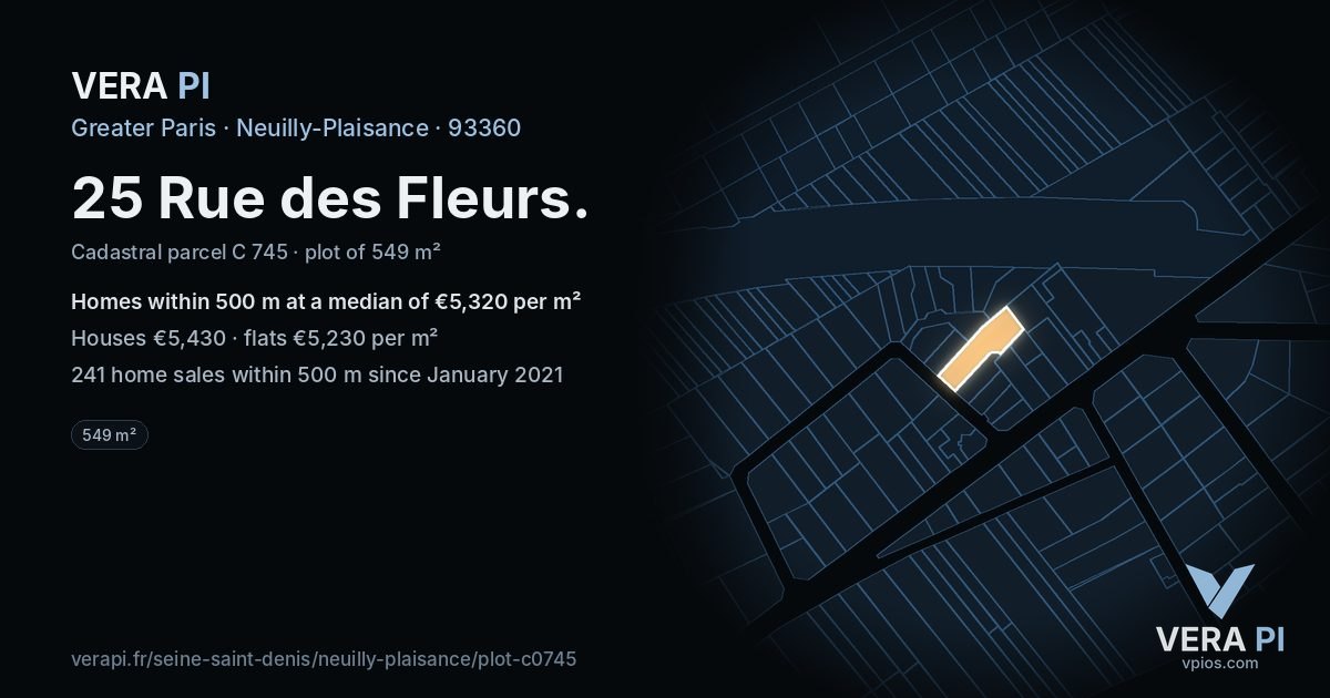 25 Rue des Fleurs, Neuilly-Plaisance at night – the plot lit, the parcels around coloured by the prices near them