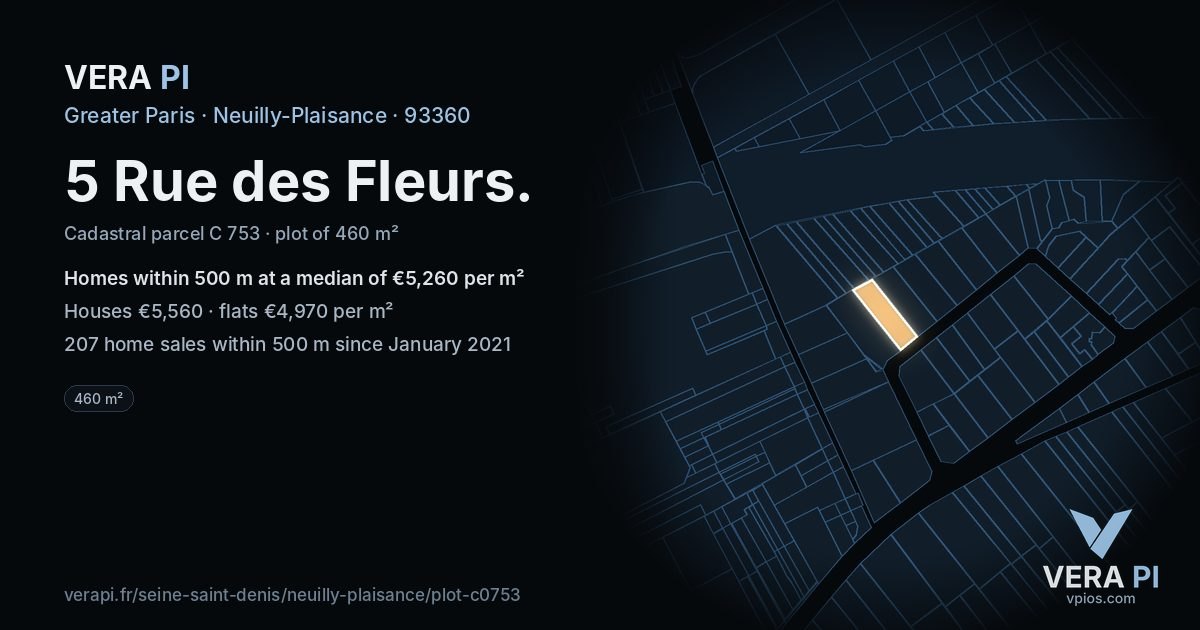 5 Rue des Fleurs, Neuilly-Plaisance at night – the plot lit, the parcels around coloured by the prices near them