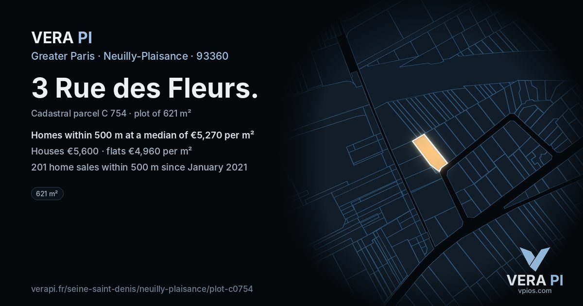 3 Rue des Fleurs, Neuilly-Plaisance at night – the plot lit, the parcels around coloured by the prices near them