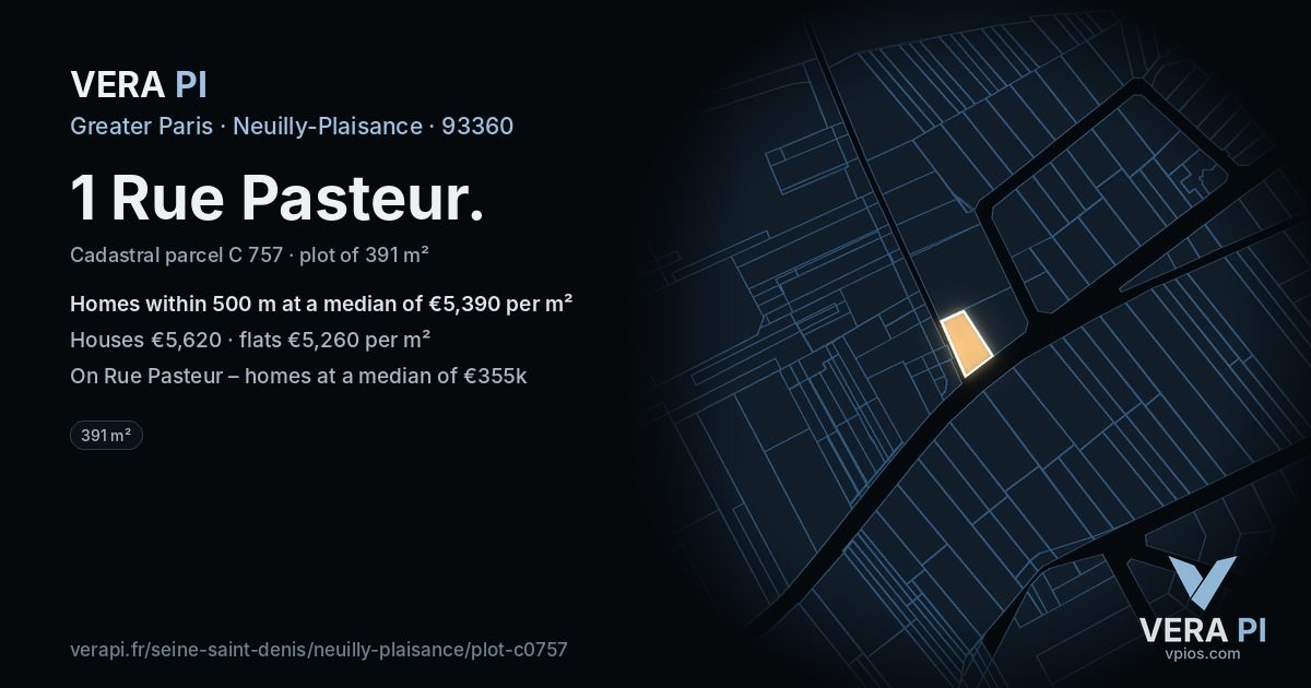 1 Rue Pasteur, Neuilly-Plaisance at night – the plot lit, the parcels around coloured by the prices near them