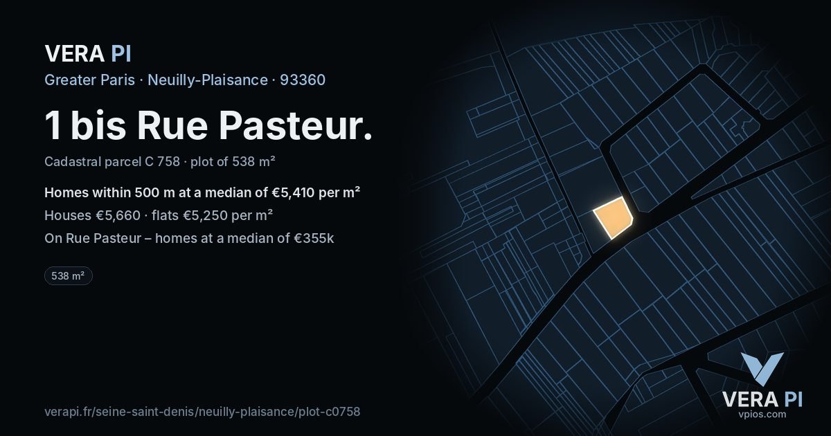 1 bis Rue Pasteur, Neuilly-Plaisance at night – the plot lit, the parcels around coloured by the prices near them