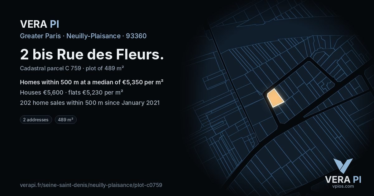 2 bis Rue des Fleurs, Neuilly-Plaisance at night – the plot lit, the parcels around coloured by the prices near them