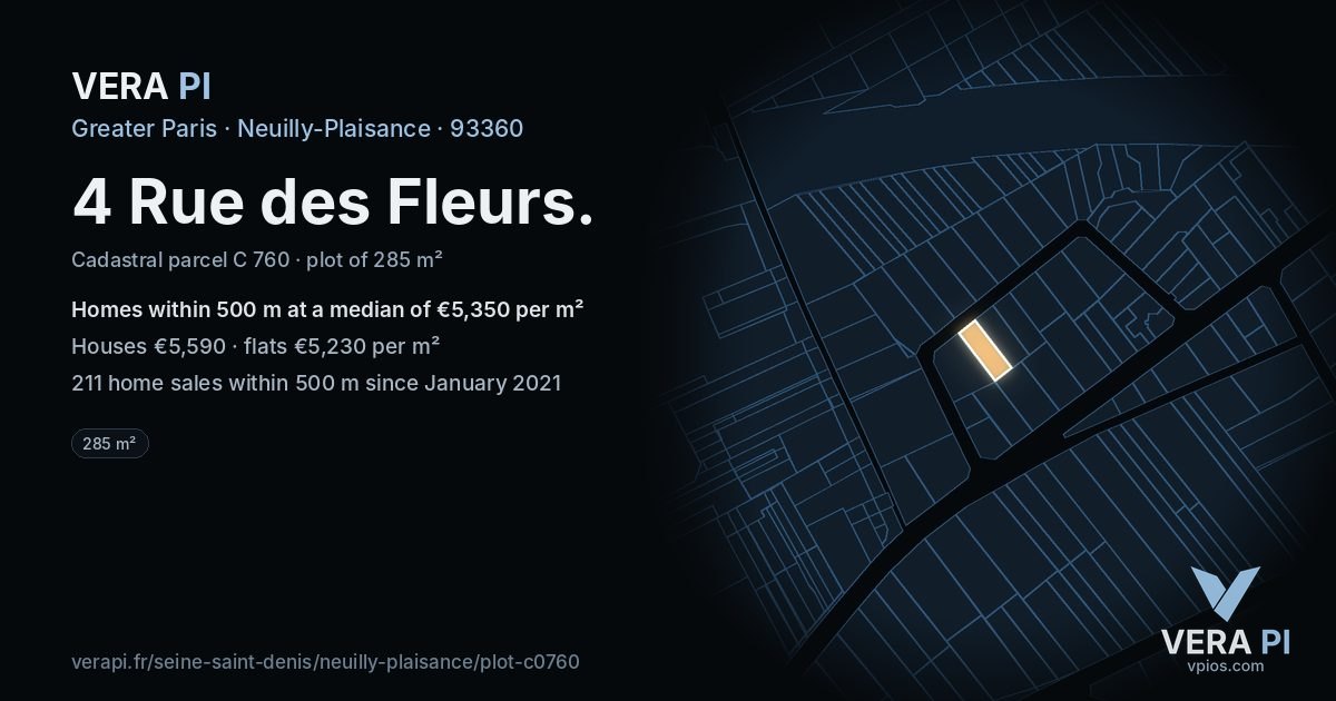 4 Rue des Fleurs, Neuilly-Plaisance at night – the plot lit, the parcels around coloured by the prices near them