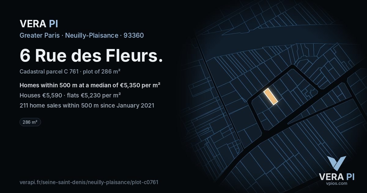 6 Rue des Fleurs, Neuilly-Plaisance at night – the plot lit, the parcels around coloured by the prices near them