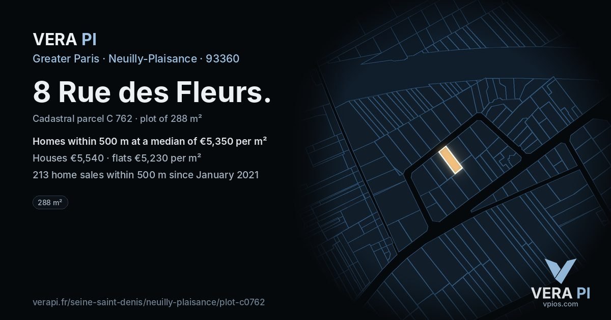 8 Rue des Fleurs, Neuilly-Plaisance at night – the plot lit, the parcels around coloured by the prices near them
