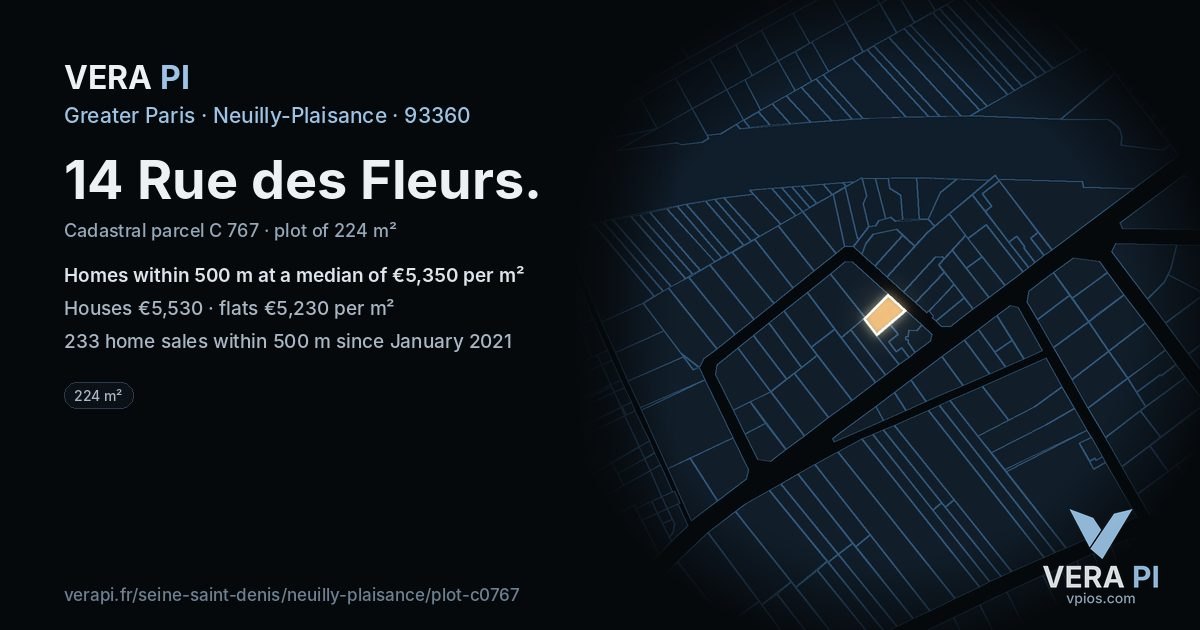 14 Rue des Fleurs, Neuilly-Plaisance at night – the plot lit, the parcels around coloured by the prices near them
