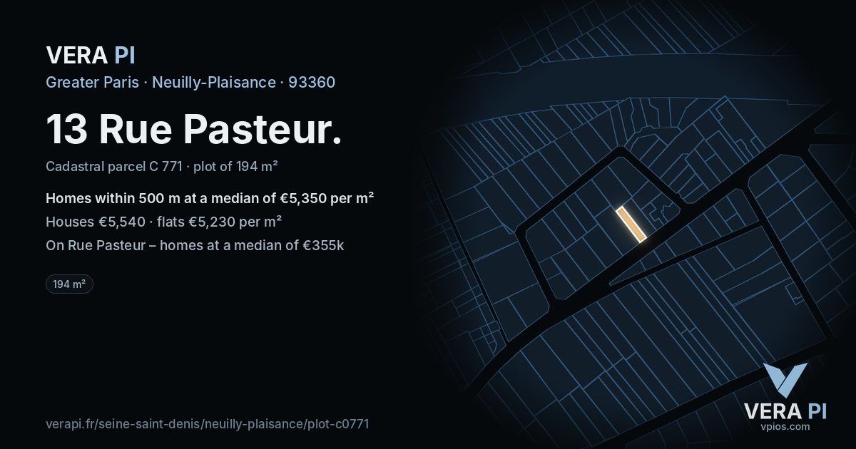 13 Rue Pasteur, Neuilly-Plaisance at night – the plot lit, the parcels around coloured by the prices near them