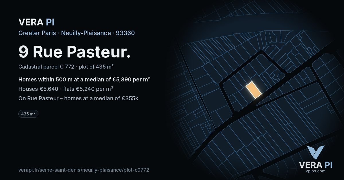 9 Rue Pasteur, Neuilly-Plaisance at night – the plot lit, the parcels around coloured by the prices near them