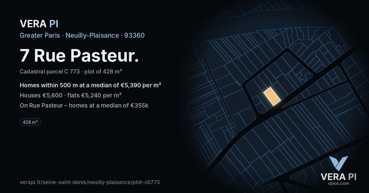 7 Rue Pasteur, Neuilly-Plaisance at night – the plot lit, the parcels around coloured by the prices near them