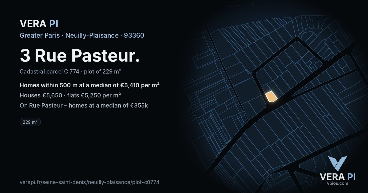 3 Rue Pasteur, Neuilly-Plaisance at night – the plot lit, the parcels around coloured by the prices near them