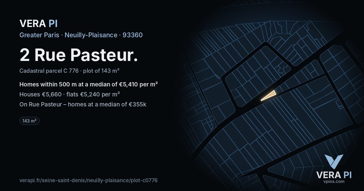 2 Rue Pasteur, Neuilly-Plaisance at night – the plot lit, the parcels around coloured by the prices near them