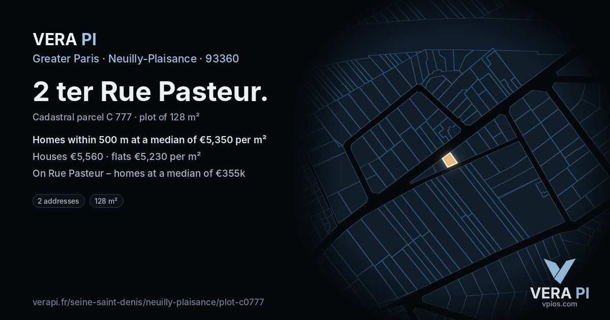 2 ter Rue Pasteur, Neuilly-Plaisance at night – the plot lit, the parcels around coloured by the prices near them