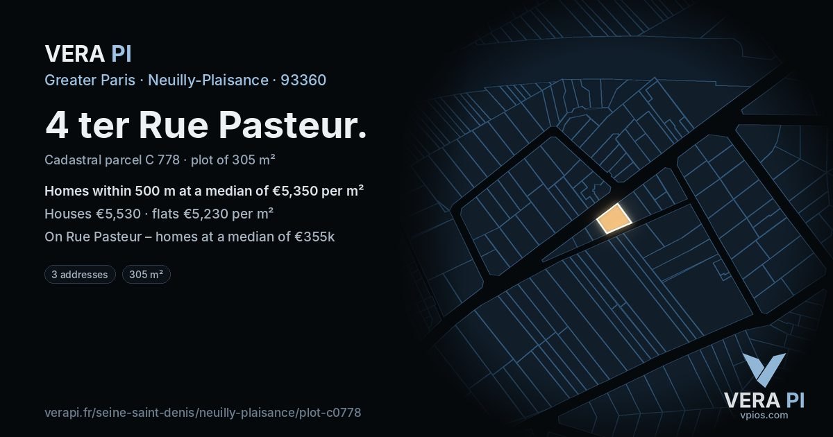 4 ter Rue Pasteur, Neuilly-Plaisance at night – the plot lit, the parcels around coloured by the prices near them