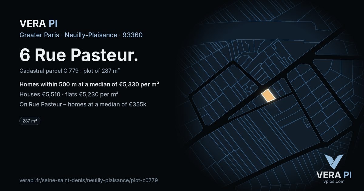6 Rue Pasteur, Neuilly-Plaisance at night – the plot lit, the parcels around coloured by the prices near them