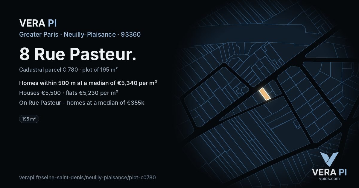8 Rue Pasteur, Neuilly-Plaisance at night – the plot lit, the parcels around coloured by the prices near them