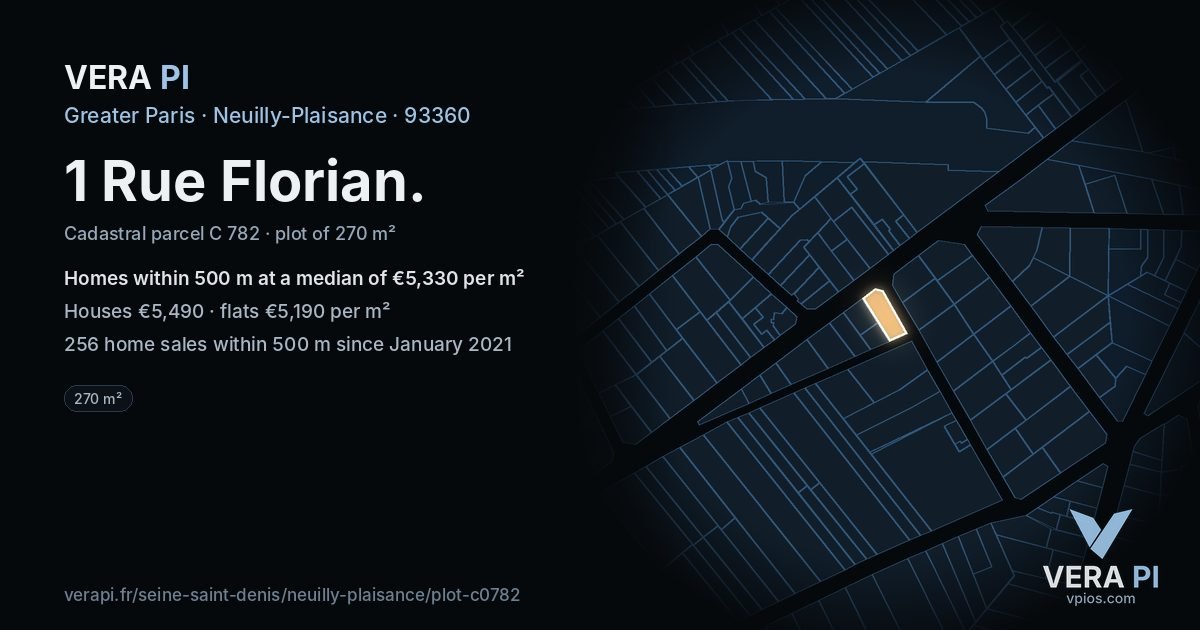 1 Rue Florian, Neuilly-Plaisance at night – the plot lit, the parcels around coloured by the prices near them