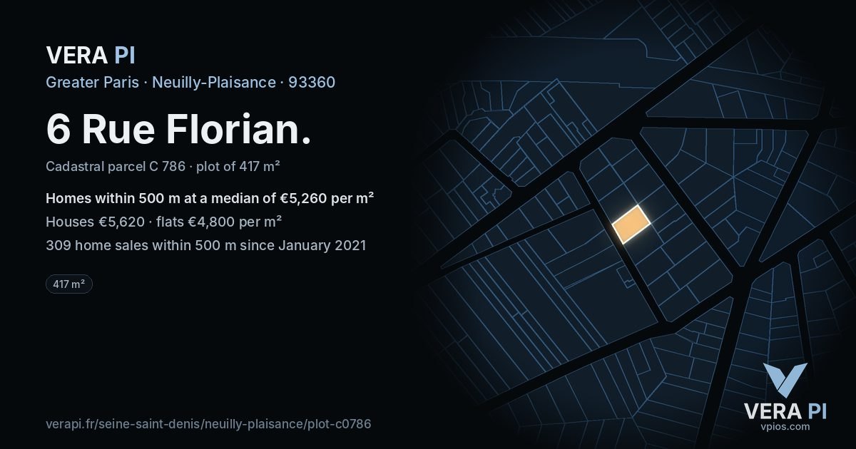 6 Rue Florian, Neuilly-Plaisance at night – the plot lit, the parcels around coloured by the prices near them