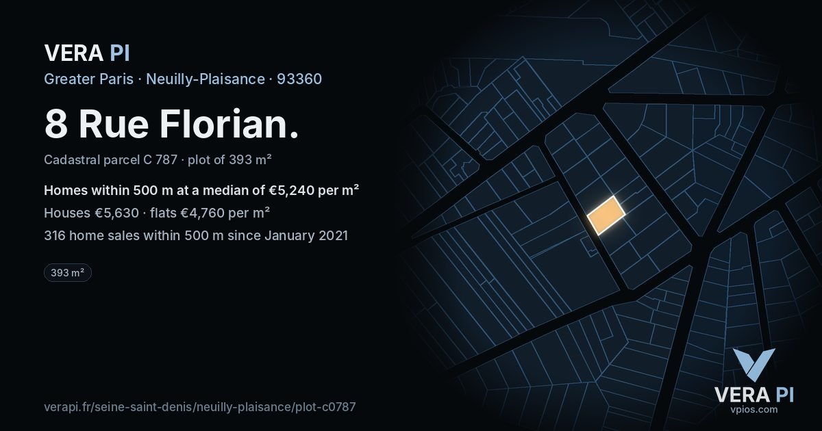 8 Rue Florian, Neuilly-Plaisance at night – the plot lit, the parcels around coloured by the prices near them