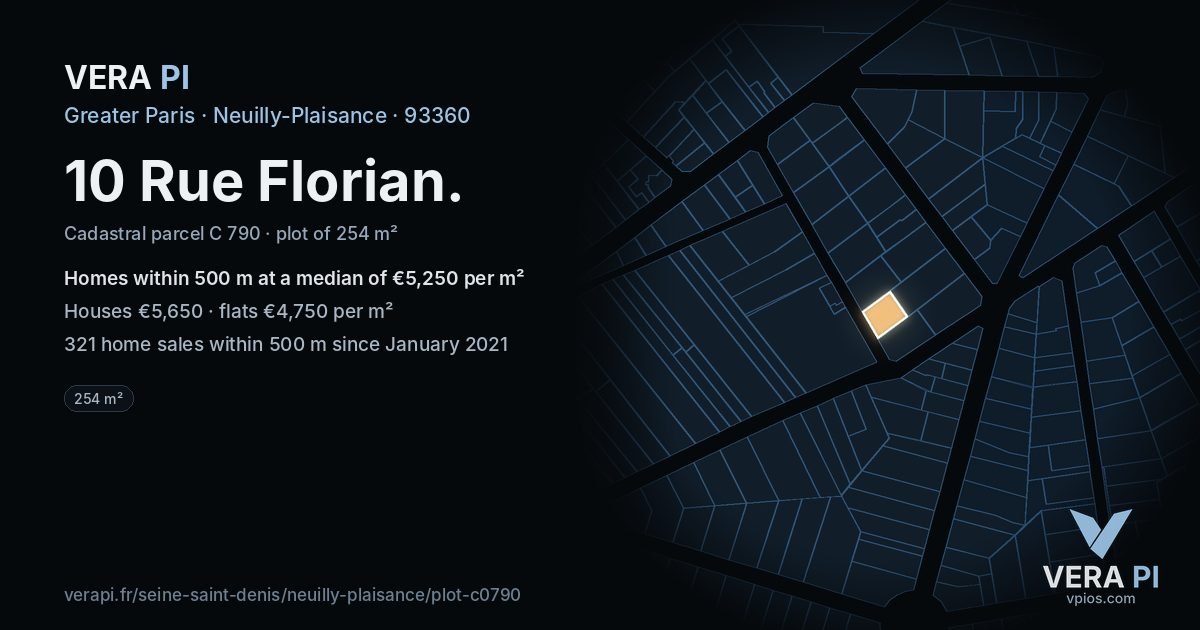 10 Rue Florian, Neuilly-Plaisance at night – the plot lit, the parcels around coloured by the prices near them