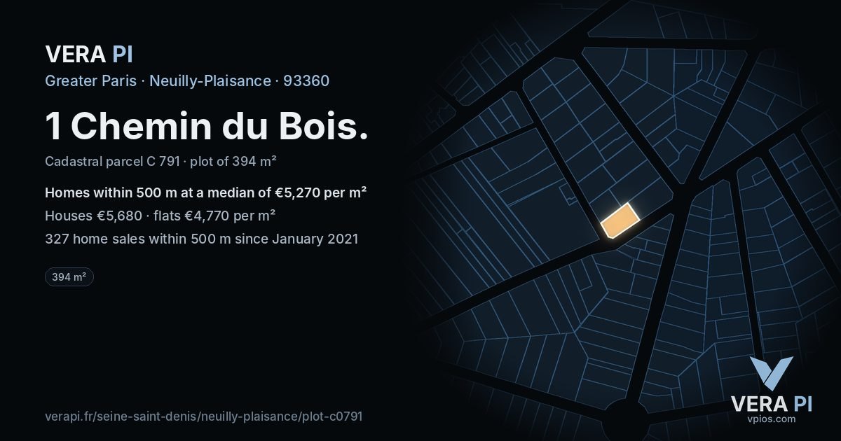 1 Chemin du Bois, Neuilly-Plaisance at night – the plot lit, the parcels around coloured by the prices near them