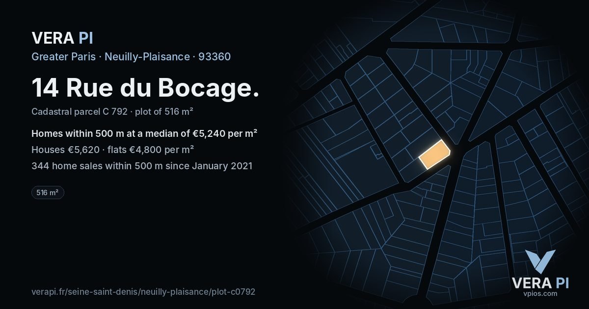 14 Rue du Bocage, Neuilly-Plaisance at night – the plot lit, the parcels around coloured by the prices near them