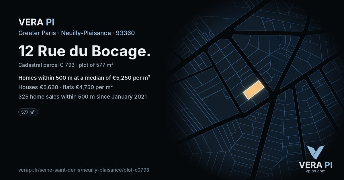 12 Rue du Bocage, Neuilly-Plaisance at night – the plot lit, the parcels around coloured by the prices near them