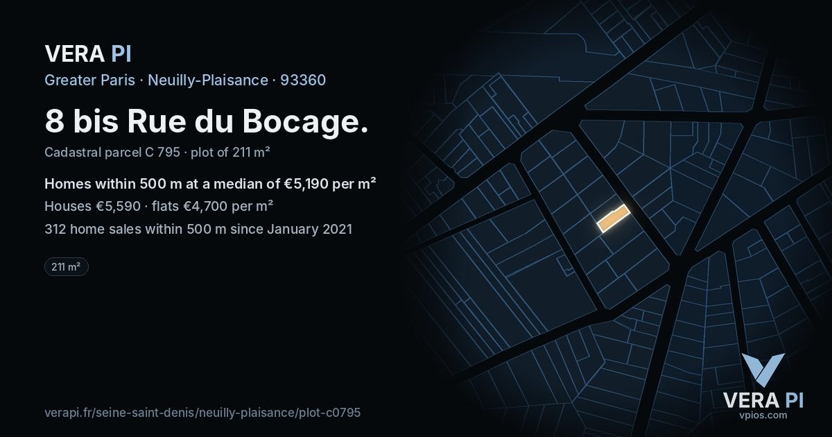 8 bis Rue du Bocage, Neuilly-Plaisance at night – the plot lit, the parcels around coloured by the prices near them