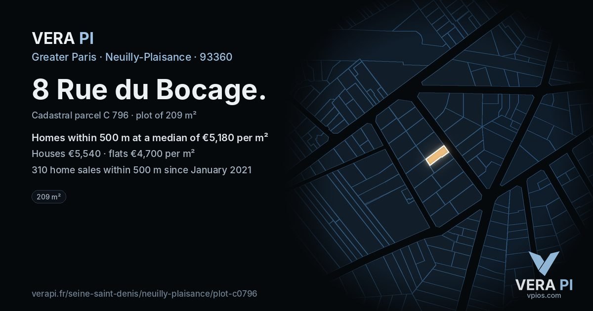 8 Rue du Bocage, Neuilly-Plaisance at night – the plot lit, the parcels around coloured by the prices near them