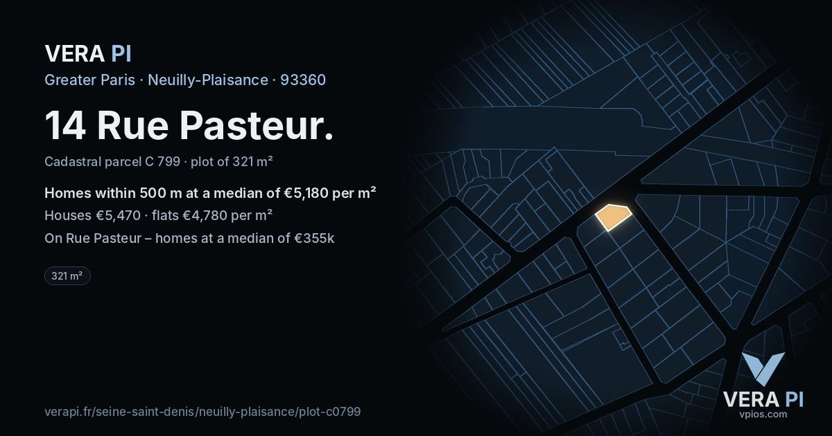 14 Rue Pasteur, Neuilly-Plaisance at night – the plot lit, the parcels around coloured by the prices near them