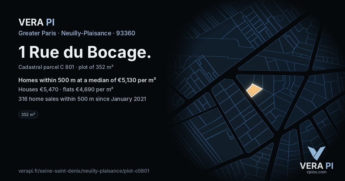 1 Rue du Bocage, Neuilly-Plaisance at night – the plot lit, the parcels around coloured by the prices near them