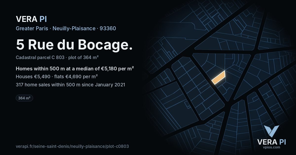 5 Rue du Bocage, Neuilly-Plaisance at night – the plot lit, the parcels around coloured by the prices near them