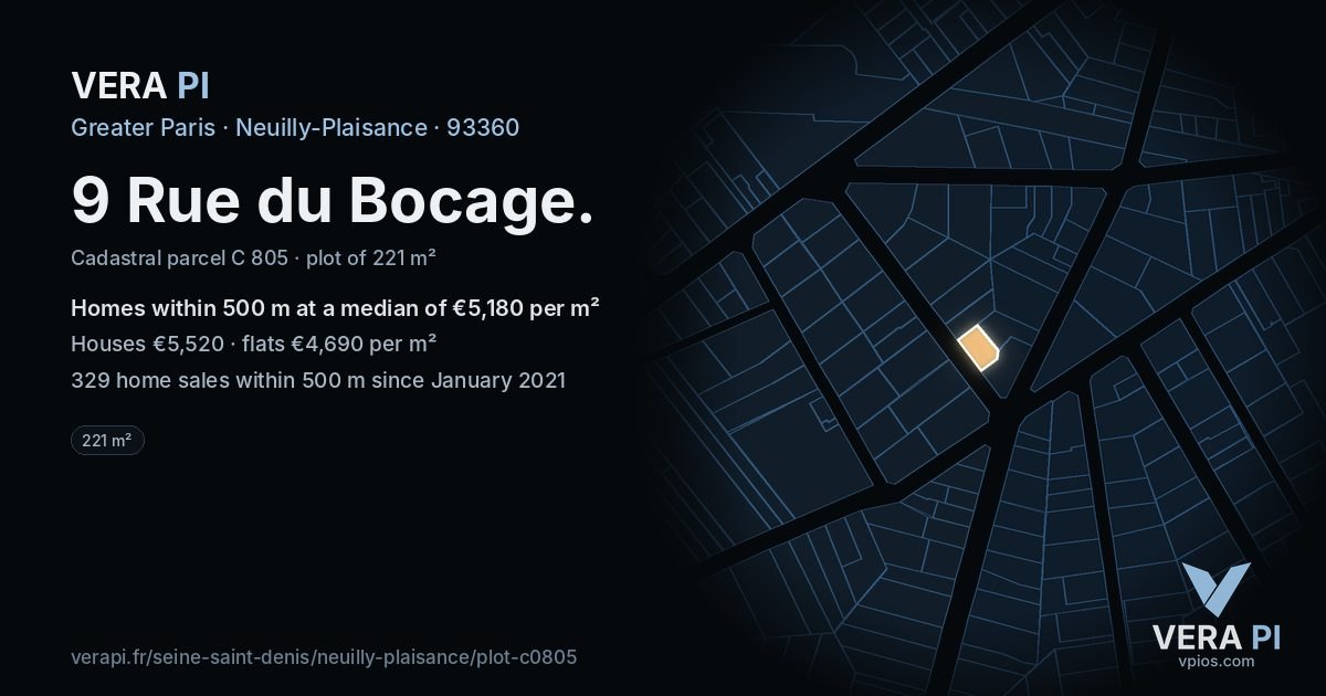 9 Rue du Bocage, Neuilly-Plaisance at night – the plot lit, the parcels around coloured by the prices near them