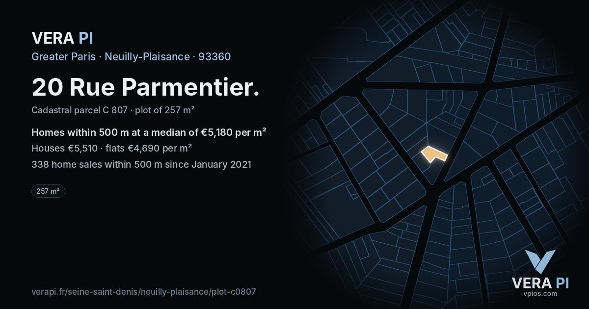 20 Rue Parmentier, Neuilly-Plaisance at night – the plot lit, the parcels around coloured by the prices near them