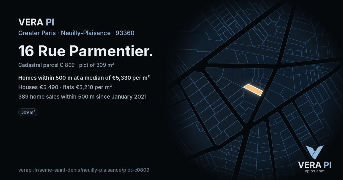 16 Rue Parmentier, Neuilly-Plaisance at night – the plot lit, the parcels around coloured by the prices near them