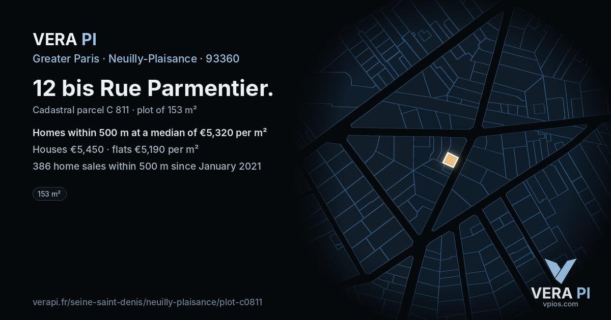 12 bis Rue Parmentier, Neuilly-Plaisance at night – the plot lit, the parcels around coloured by the prices near them