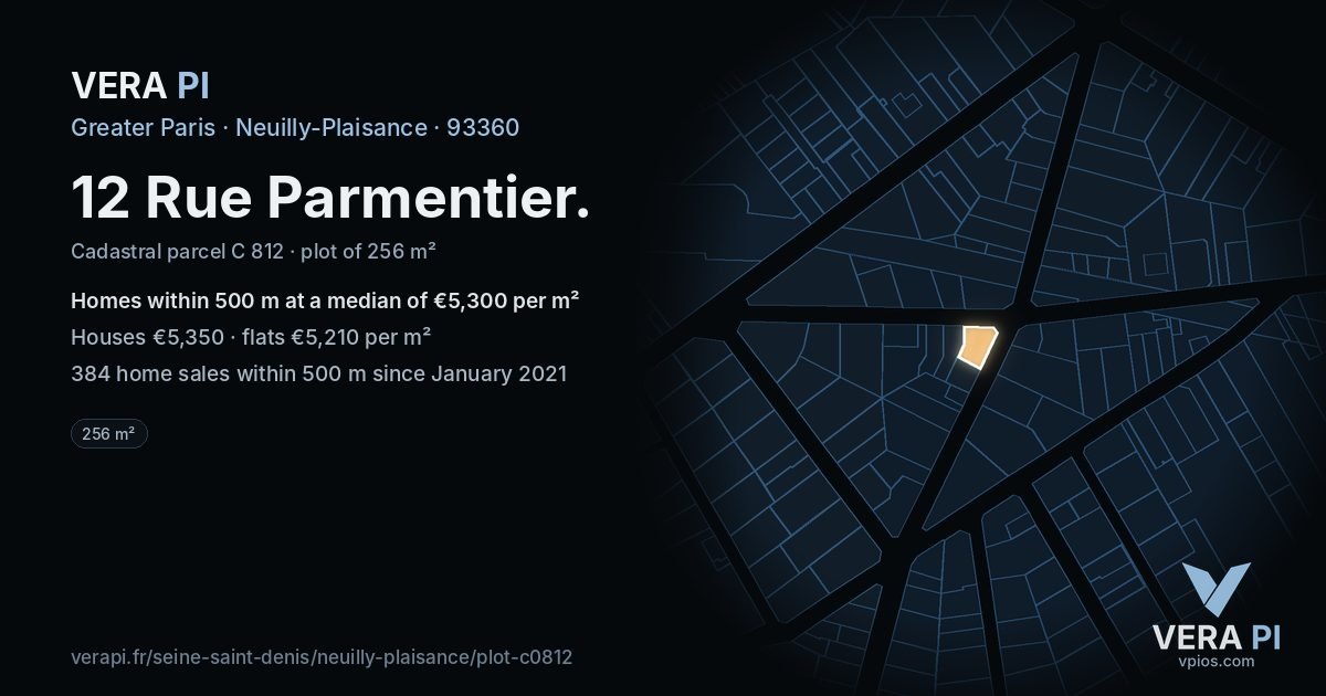 12 Rue Parmentier, Neuilly-Plaisance at night – the plot lit, the parcels around coloured by the prices near them