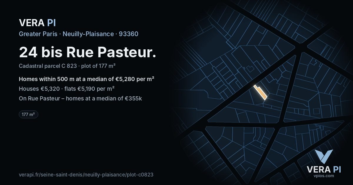 24 bis Rue Pasteur, Neuilly-Plaisance at night – the plot lit, the parcels around coloured by the prices near them