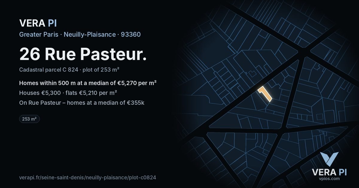 26 Rue Pasteur, Neuilly-Plaisance at night – the plot lit, the parcels around coloured by the prices near them