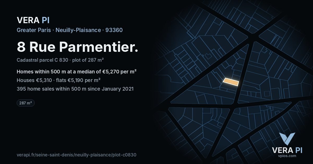 8 Rue Parmentier, Neuilly-Plaisance at night – the plot lit, the parcels around coloured by the prices near them