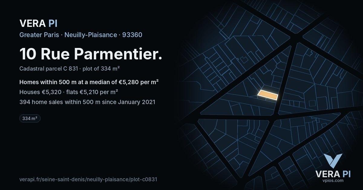 10 Rue Parmentier, Neuilly-Plaisance at night – the plot lit, the parcels around coloured by the prices near them