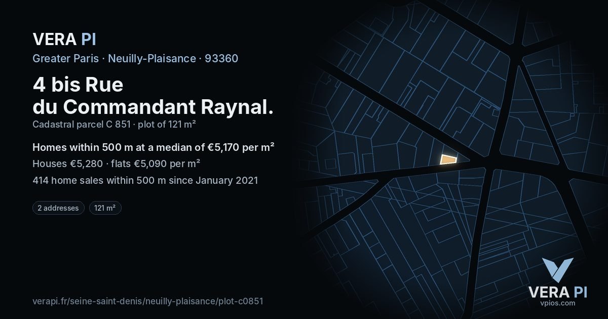 4 bis Rue du Commandant Raynal, Neuilly-Plaisance at night – the plot lit, the parcels around coloured by the prices near them