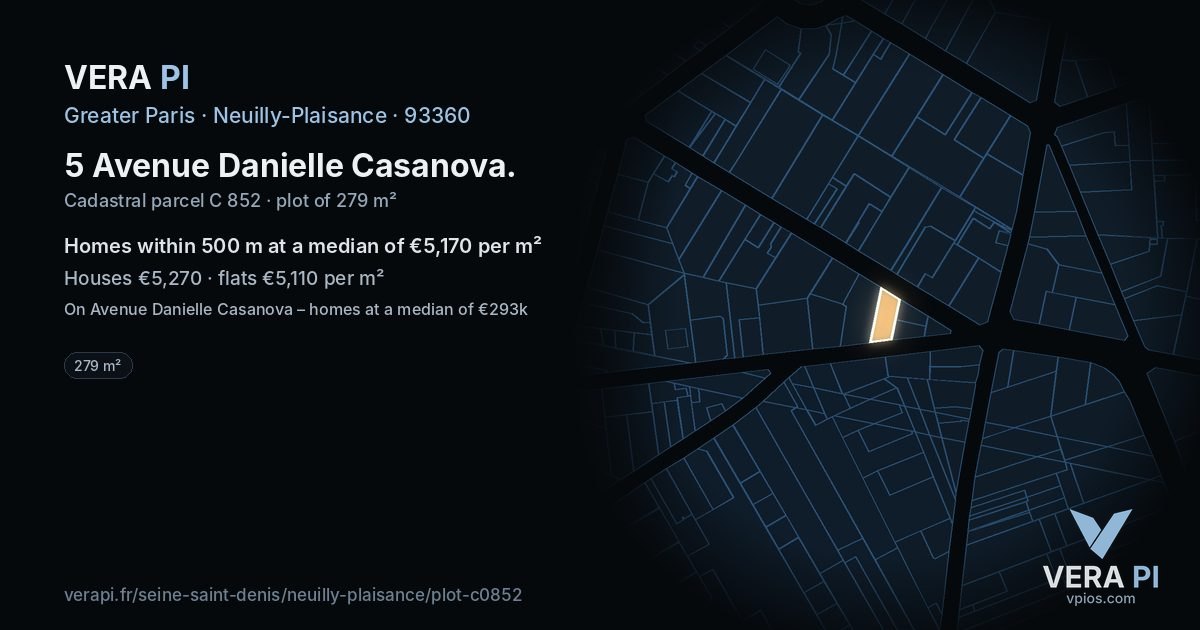 5 Avenue Danielle Casanova, Neuilly-Plaisance at night – the plot lit, the parcels around coloured by the prices near them