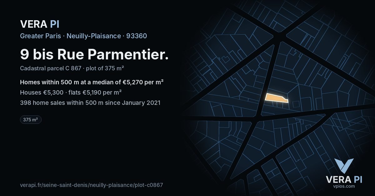 9 bis Rue Parmentier, Neuilly-Plaisance at night – the plot lit, the parcels around coloured by the prices near them