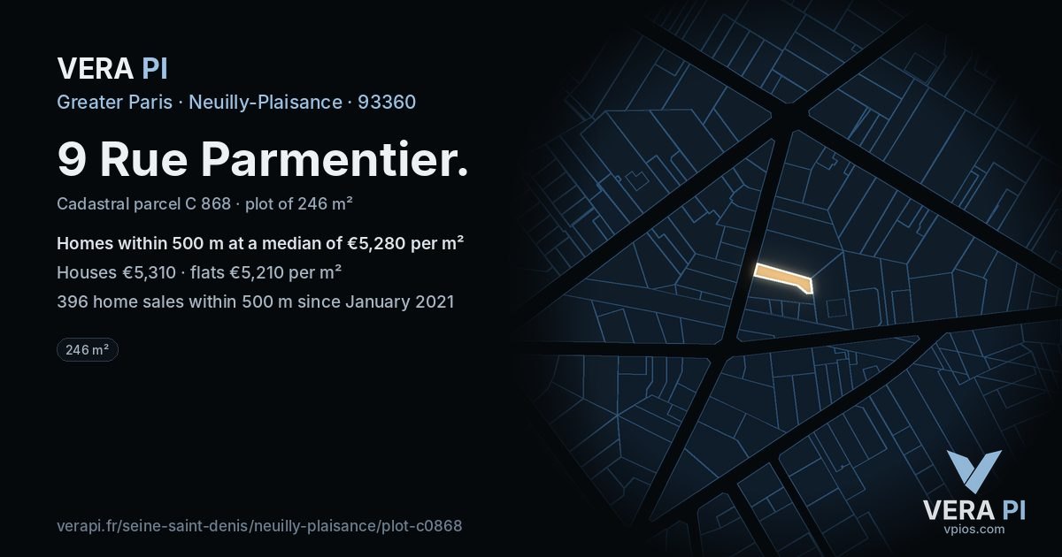 9 Rue Parmentier, Neuilly-Plaisance at night – the plot lit, the parcels around coloured by the prices near them