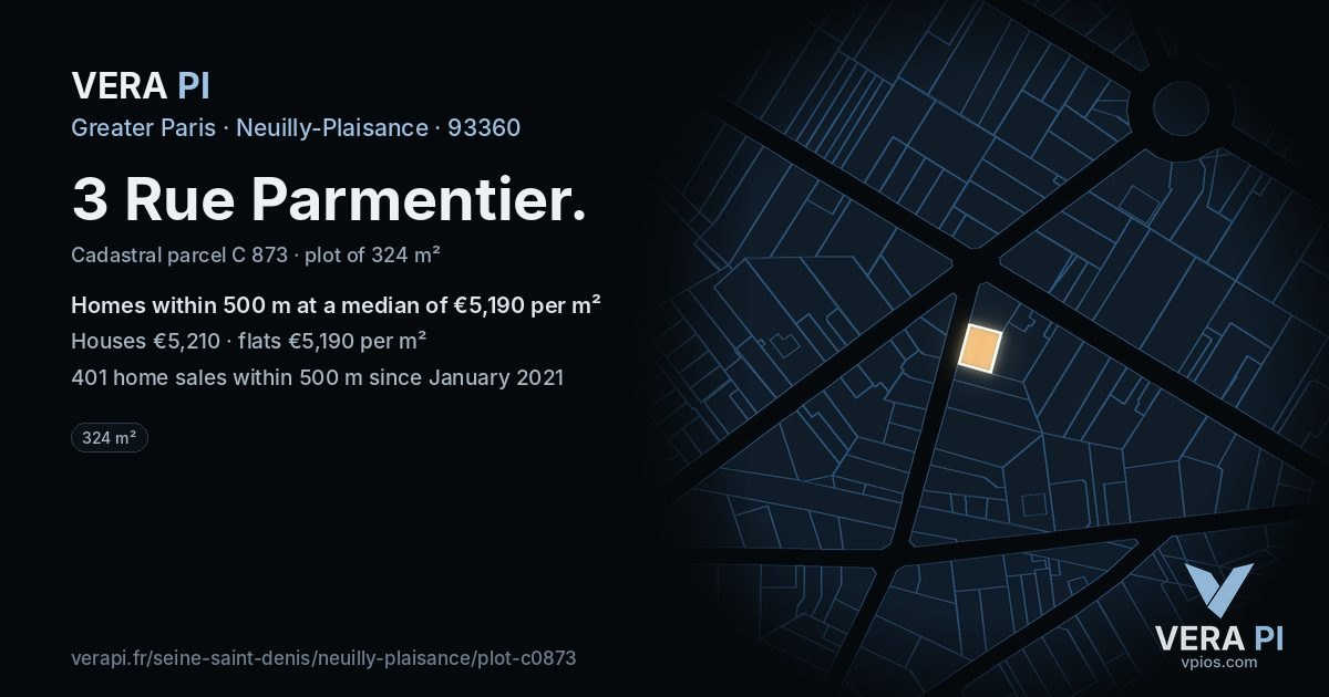 3 Rue Parmentier, Neuilly-Plaisance at night – the plot lit, the parcels around coloured by the prices near them
